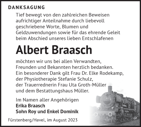 Traueranzeige von Albert Braasch von Märkische Oderzeitung