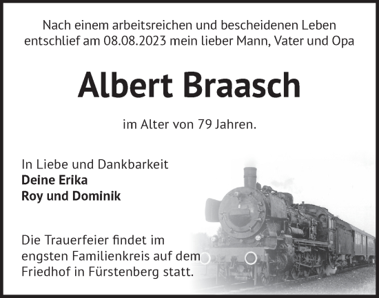 Traueranzeige von Albert Braasch von Märkische Oderzeitung