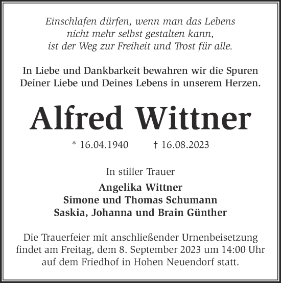 Traueranzeige von Alfred Wittner von Märkische Oderzeitung