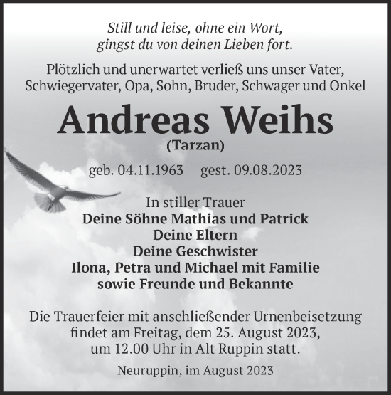 Traueranzeige von Andreas Weihs von Märkische Oderzeitung