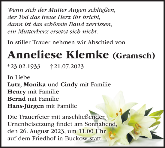 Traueranzeige von Anneliese Klemke von Märkische Oderzeitung