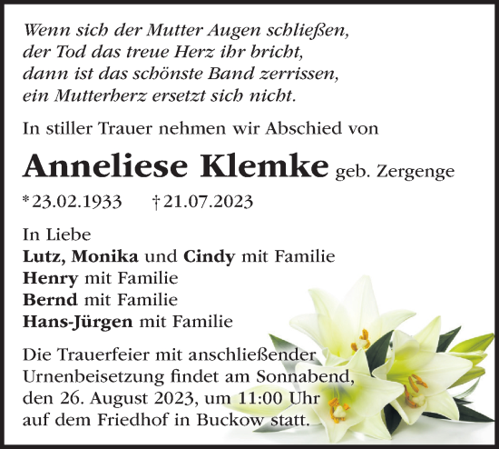 Traueranzeige von Anneliese Klemke von Märkische Oderzeitung