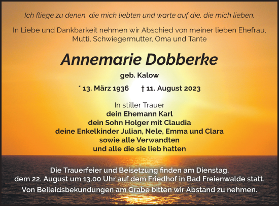 Traueranzeige von Annemarie Dobberke von Märkische Oderzeitung