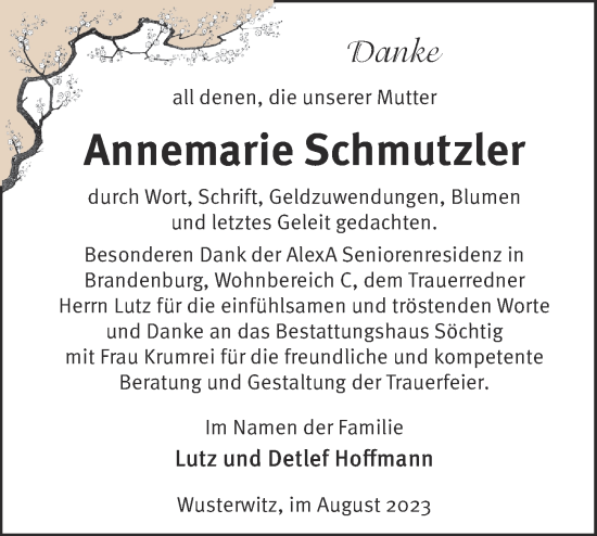 Traueranzeige von Annemarie Schmutzler von Märkische Oderzeitung