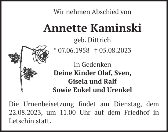 Traueranzeige von Annette Kaminski von Märkische Oderzeitung