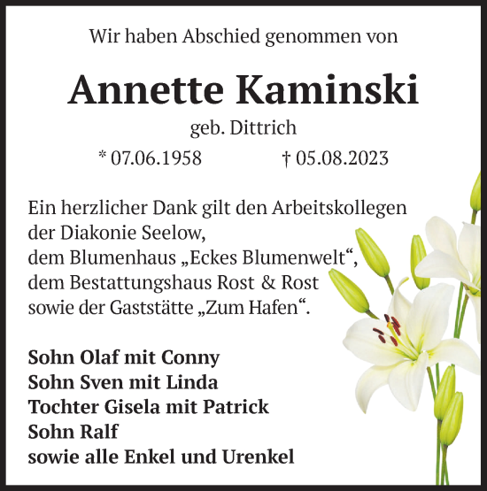 Traueranzeige von Annette Kaminski von Märkische Oderzeitung