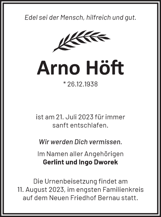 Traueranzeige von Arno Höft von Märkische Oderzeitung