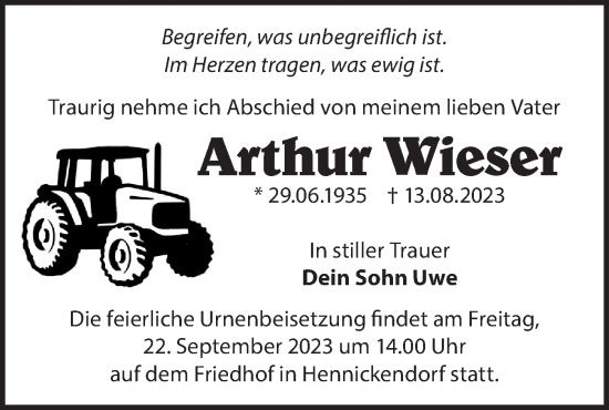 Traueranzeige von Arthur Wieser von Märkische Oderzeitung