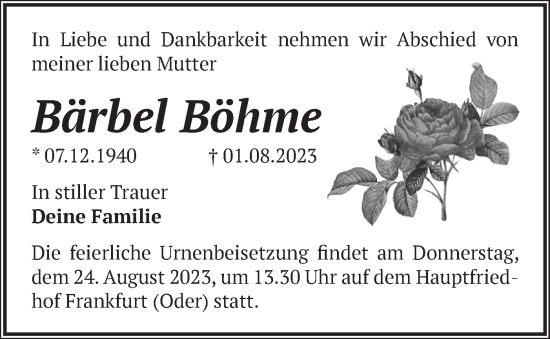 Traueranzeige von Bärbel Böhme von Märkische Oderzeitung