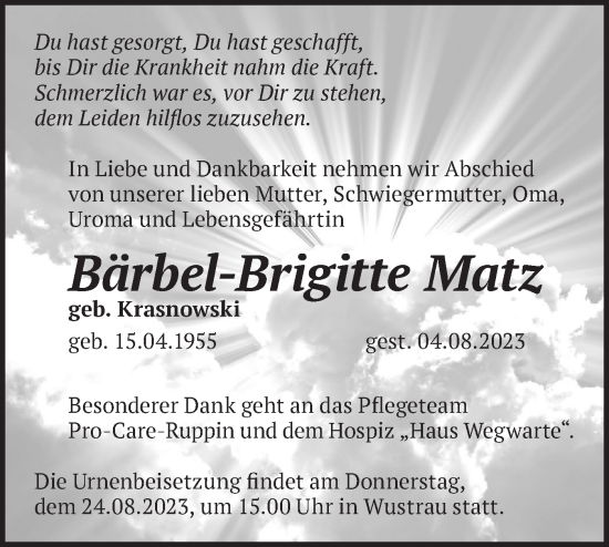 Traueranzeige von Bärbel-Brigitte Matz von Märkische Oderzeitung