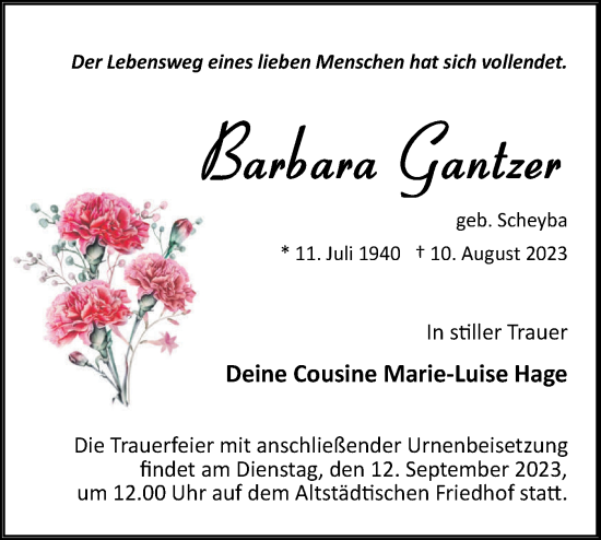 Traueranzeige von Barbara Gantzer von Märkische Oderzeitung