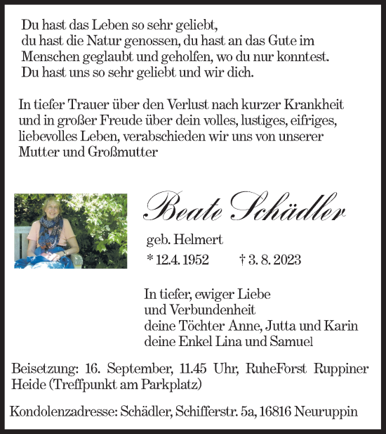 Traueranzeige von Beate Schädler von Märkische Oderzeitung