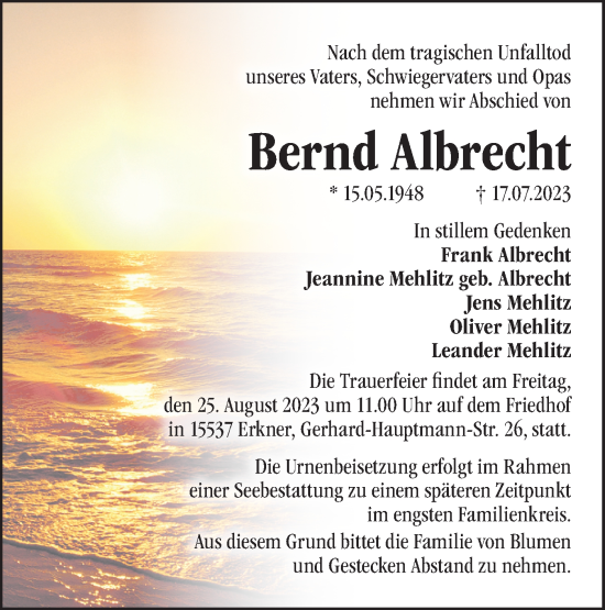 Traueranzeige von Bernd Albrecht von Märkische Oderzeitung