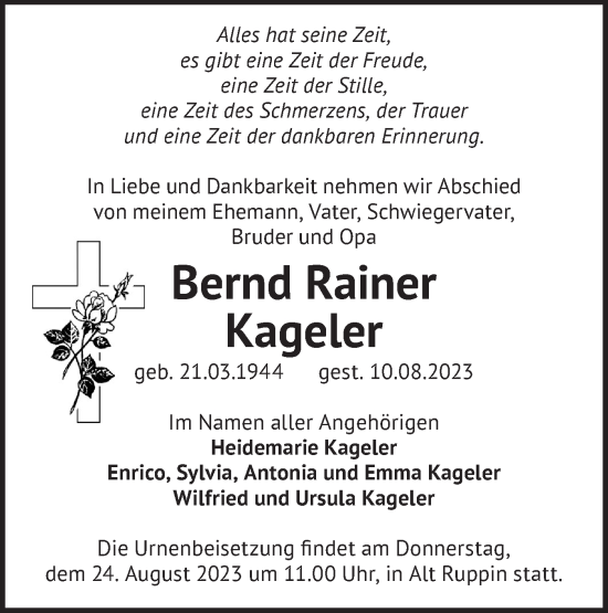 Traueranzeige von Bernd Rainer Kageler von Märkische Oderzeitung