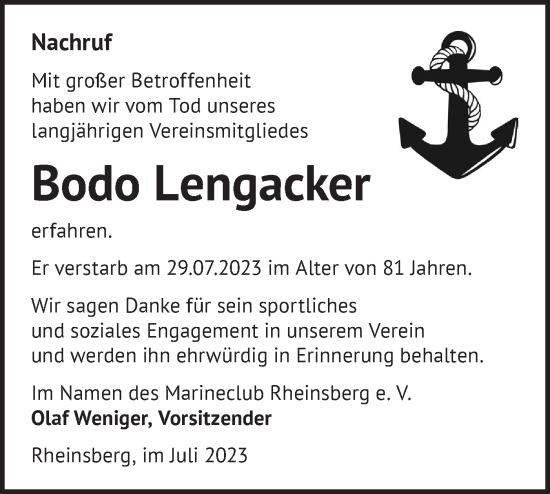 Traueranzeige von Bodo Lengacker von Märkische Oderzeitung