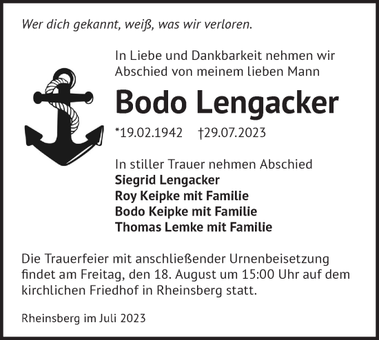 Traueranzeige von Bodo Lengacker von Märkische Oderzeitung