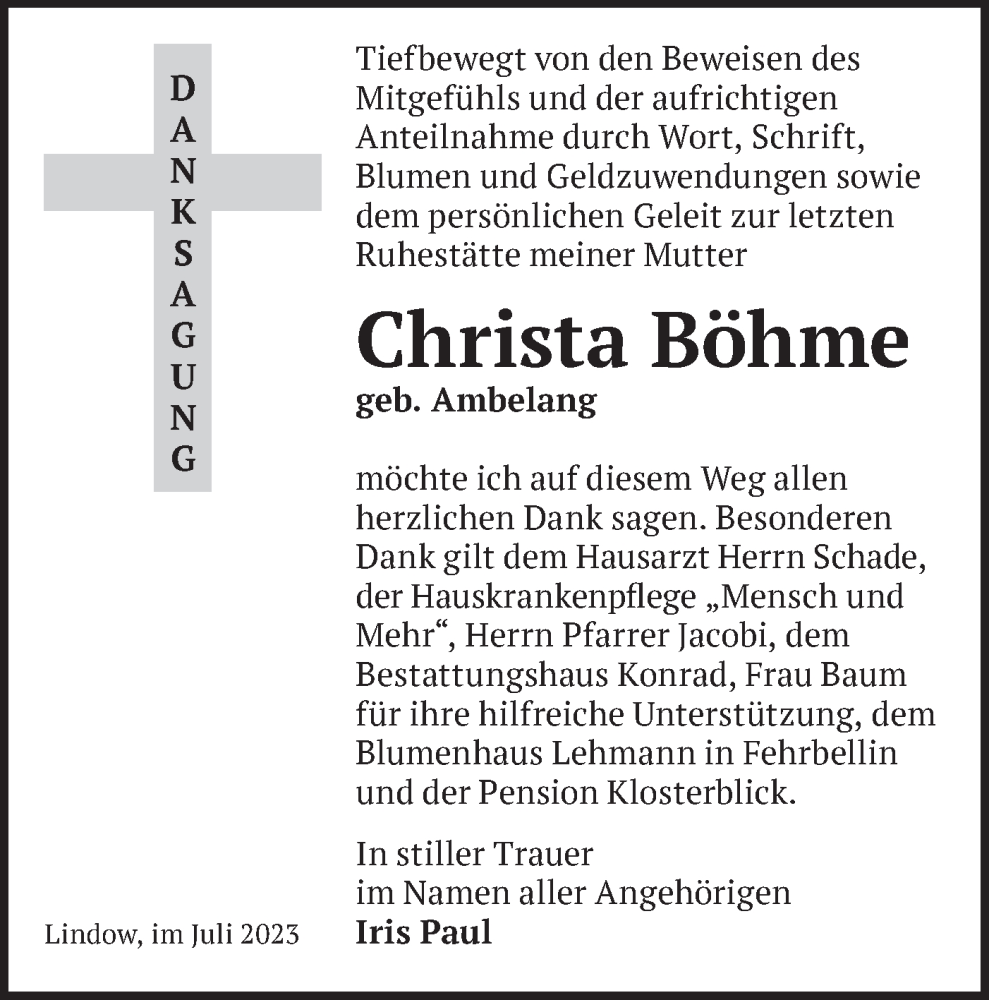 Traueranzeigen Von Christa Böhme Märkische Onlinezeitung Trauerportal 