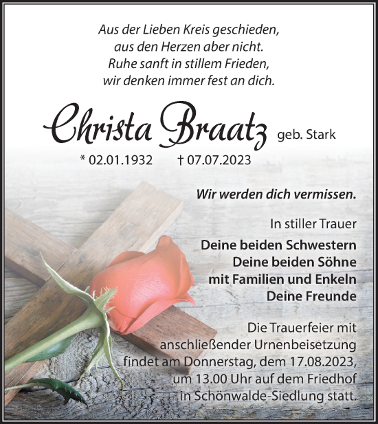 Traueranzeige von Christa Braatz von Märkische Oderzeitung