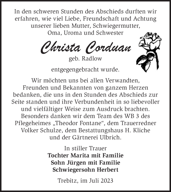 Traueranzeige von Christa Corduan von Märkische Oderzeitung