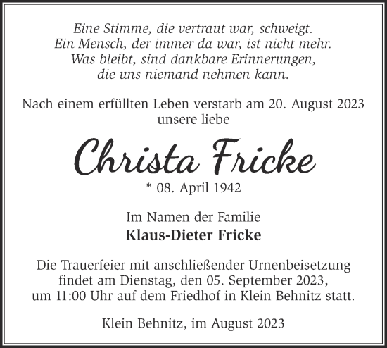 Traueranzeige von Christa Fricke von Märkische Oderzeitung