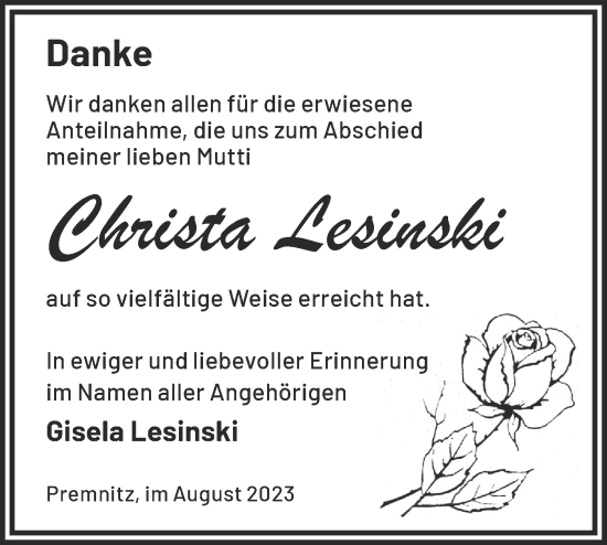 Traueranzeige von Christa Lesinski von Märkische Oderzeitung