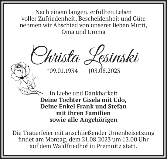 Traueranzeige von Christa Lesinski von Märkische Oderzeitung