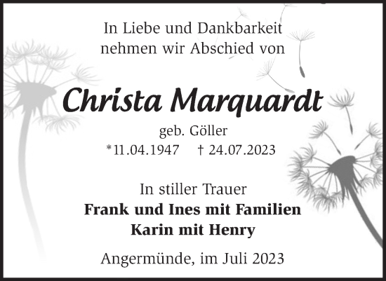 Traueranzeige von Christa Marquardt von Märkische Oderzeitung