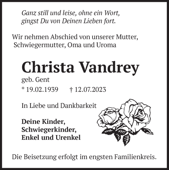 Traueranzeige von Christa Vandrey von Märkische Oderzeitung