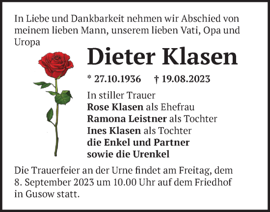 Traueranzeige von Dieter Klasen von Märkische Oderzeitung