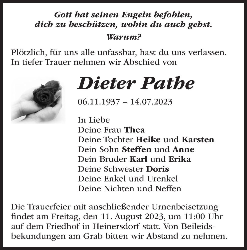  Traueranzeige für Dieter Pathe vom 05.08.2023 aus Märkische Oderzeitung