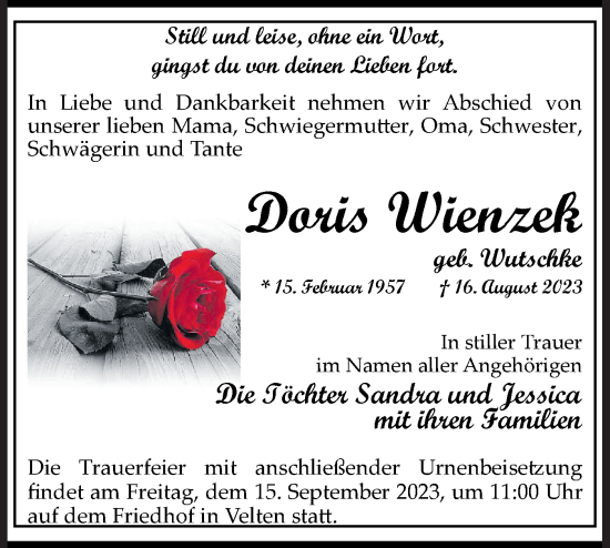 Traueranzeige von Doris Wienzek von Märkische Oderzeitung