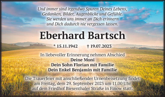 Traueranzeige von Eberhard Bartsch von Märkische Oderzeitung