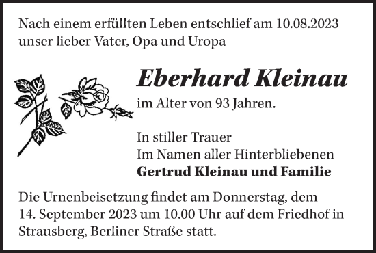 Traueranzeige von Eberhard Kleinau von Märkische Oderzeitung