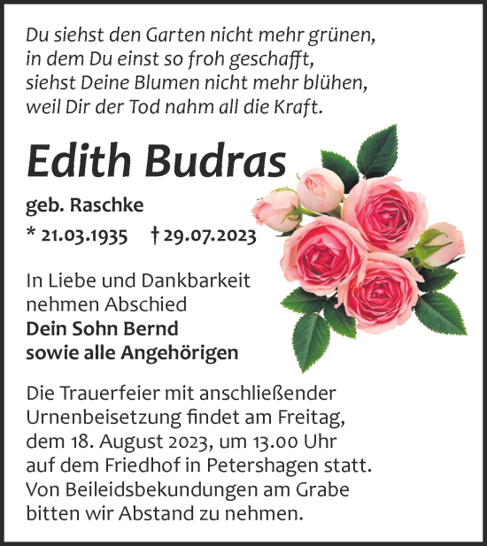 Traueranzeige von Edith Budras von Märkische Oderzeitung