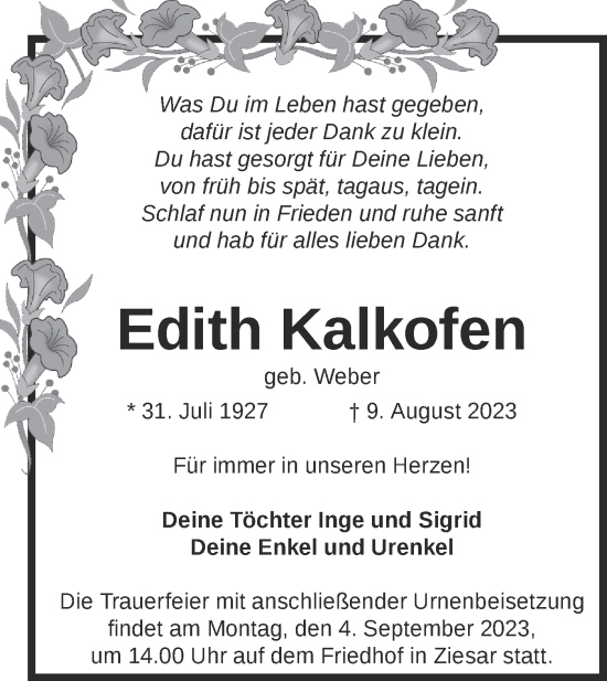 Traueranzeige von Edith Kalkofen von Märkische Oderzeitung