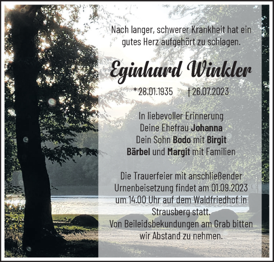 Traueranzeige von Eginhard Winkler von Märkische Oderzeitung