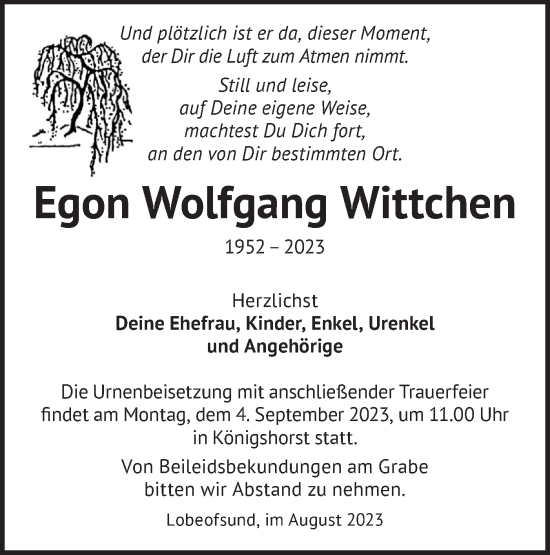 Traueranzeige von Egon Wolfgang Wittchen von Märkische Oderzeitung