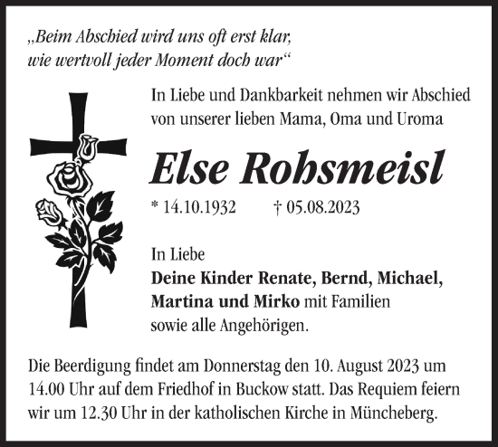 Traueranzeige von Else Rohsmeisl von Märkische Oderzeitung