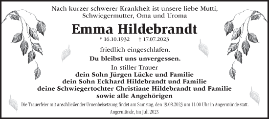 Traueranzeige von Emma Hildebrandt von Märkische Oderzeitung