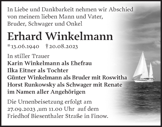 Traueranzeige von Erhard Winkelmann von Märkische Oderzeitung