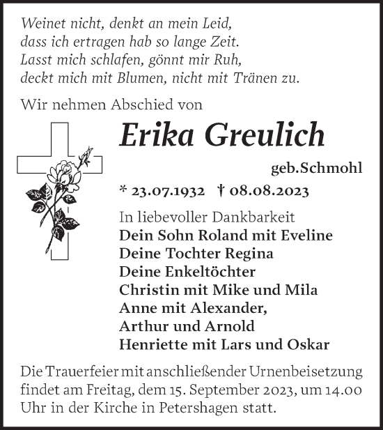 Traueranzeige von Erika Greulich von Märkische Oderzeitung