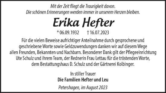 Traueranzeige von Erika Hefter von Märkische Oderzeitung