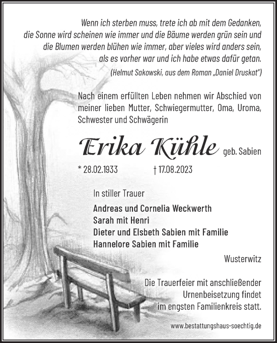 Traueranzeige von Erika Kühle von Märkische Oderzeitung