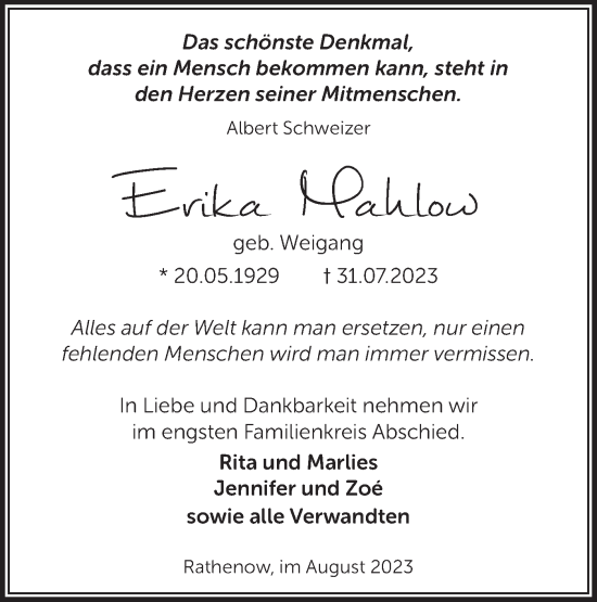 Traueranzeige von Erika Mahlow von Märkische Oderzeitung