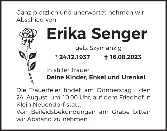 Traueranzeige von Erika Senger von Märkische Oderzeitung