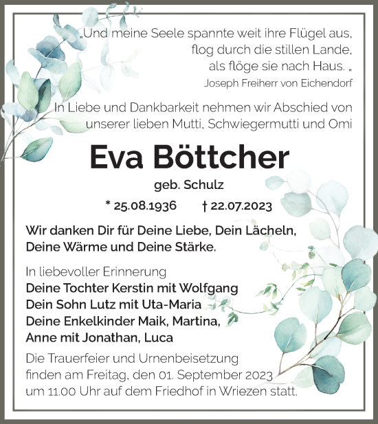 Traueranzeige von Eva Böttcher von Märkische Oderzeitung