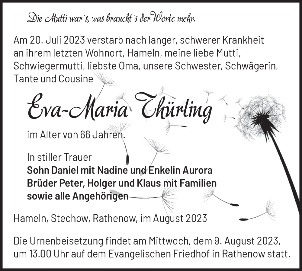  Traueranzeige für Eva-Maria Thürling vom 05.08.2023 aus Märkische Oderzeitung