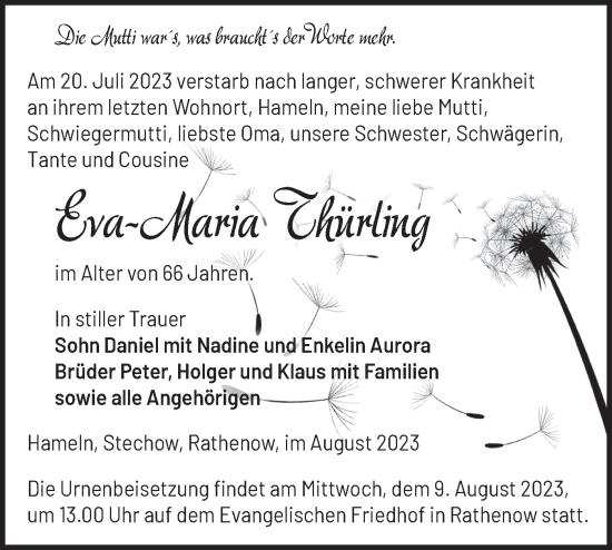 Traueranzeige von Eva-Maria Thürling von Märkische Oderzeitung