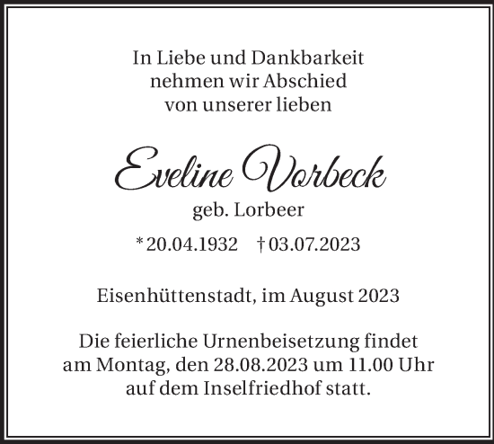 Traueranzeige von Eveline Vorbeck von Märkische Oderzeitung