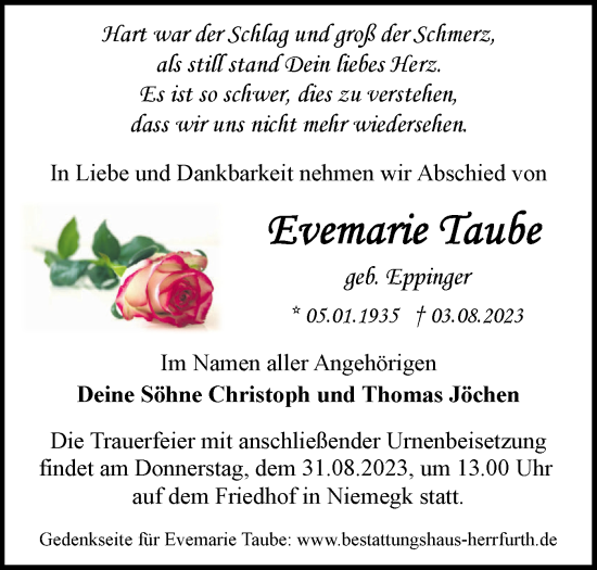 Traueranzeige von Evemarie Taube von Märkische Oderzeitung